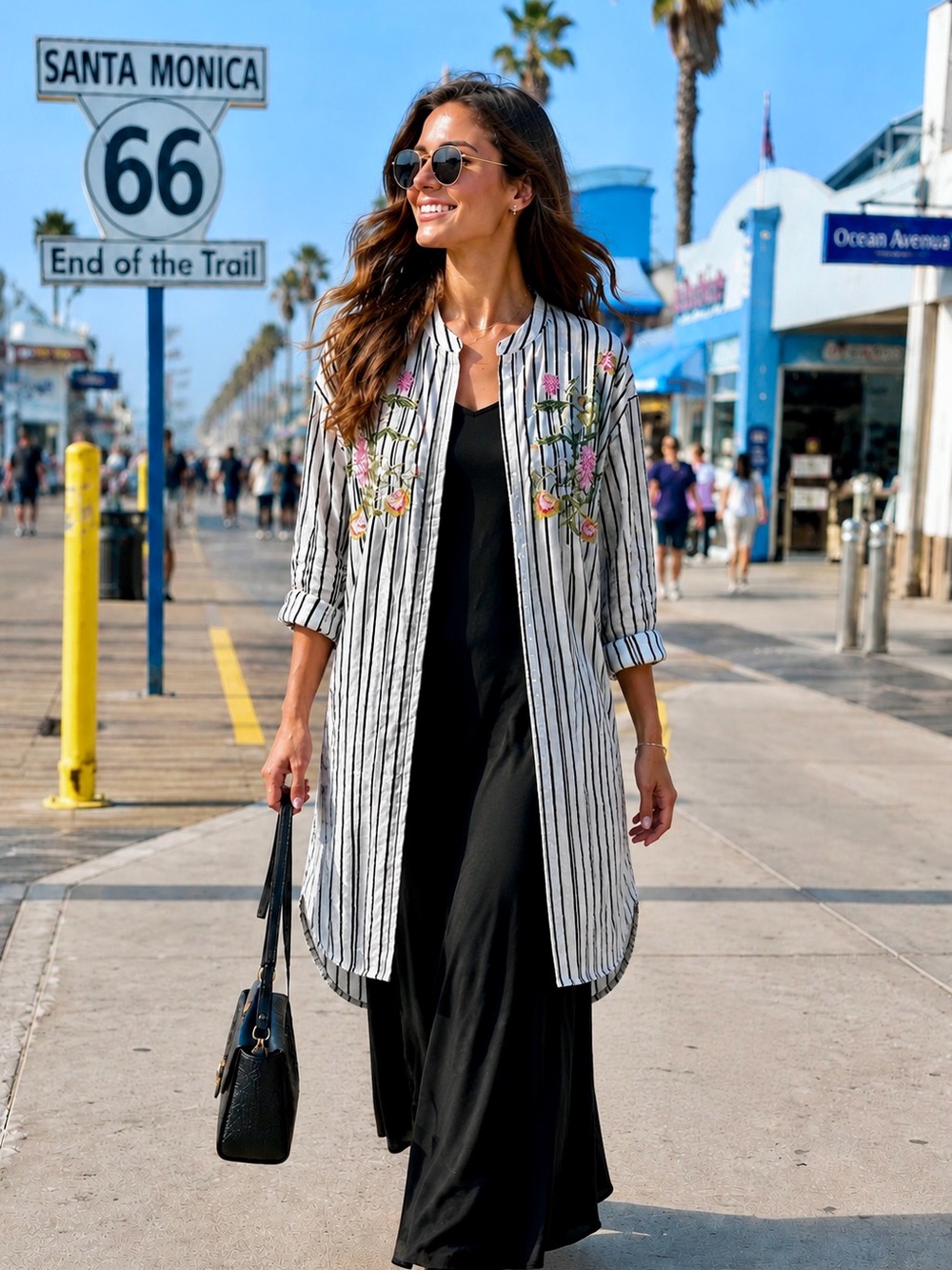 Floral Embroidered Striped Longline Shirt Boho Chic Tunic US 14